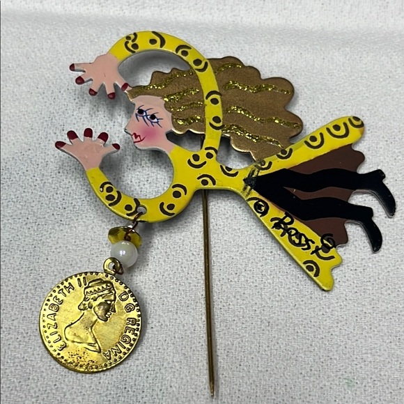 Karen Rossi Flying Girl Brooch with Yellow w/ Gold Accents Vintage - Picture 1 of 6